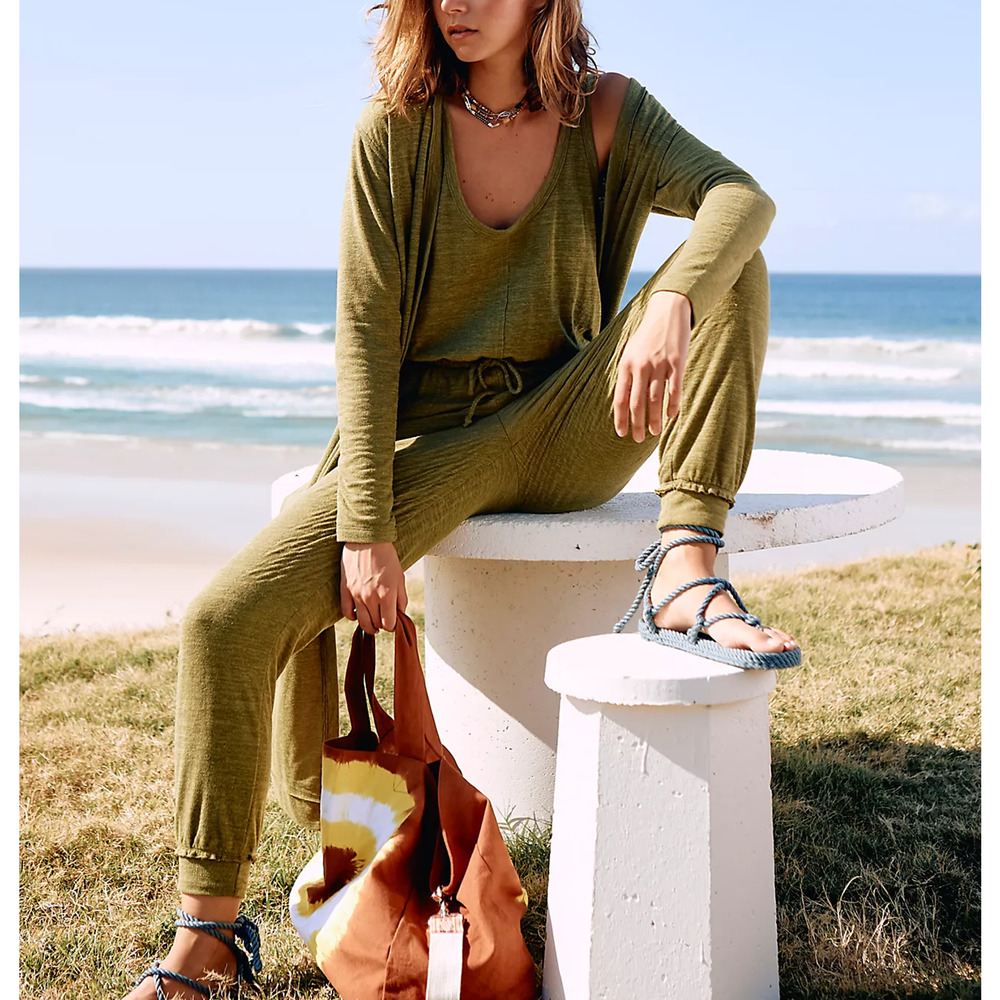 Free People 'Bicoastal' Green Long Sleeve Top & Bottom Set Size M